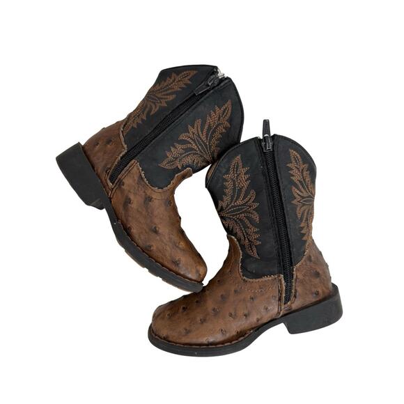 Roper Toddler Western Cowboy Boots Brown Ostrich Embossed Leather Zip Size 8 - Picture 3 of 8